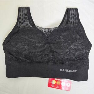 Sankom Patent Bra Classic Black With Lace, Support & Posture, Size M-L, New